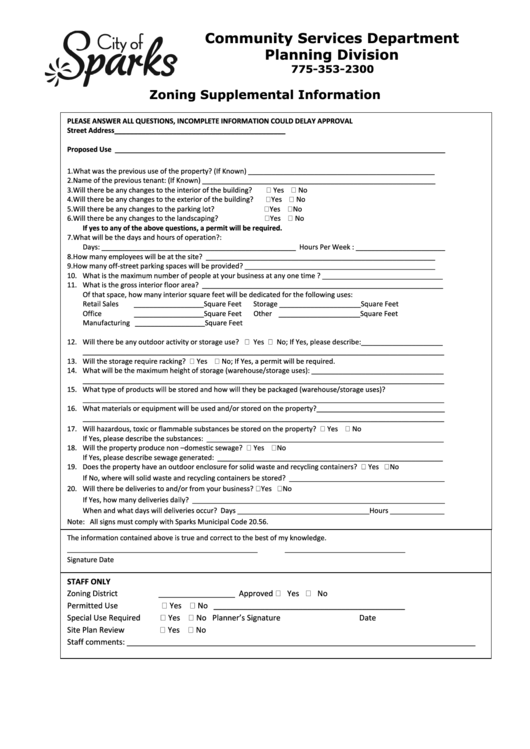 Supplemental Zoning Information Form - Community Services Department Planning Division, City Of Sparks Printable pdf