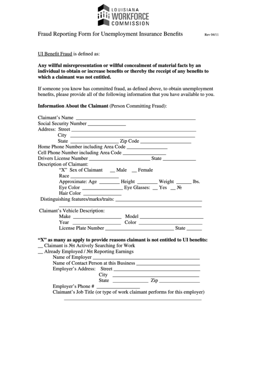 Fillable Fraud Reporting Form For Unemployment Insurance Benefits - Louisiana Workforce Commission Printable pdf