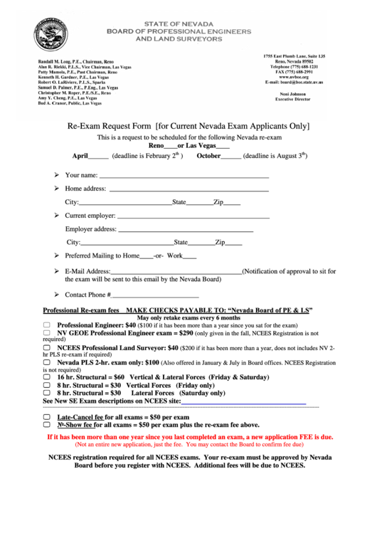 Re-Exam Request Form (For Current Nevada Exam Applicants Only) - State Of Nevada Board Of Professional Engineers And Land Surveyors Printable pdf