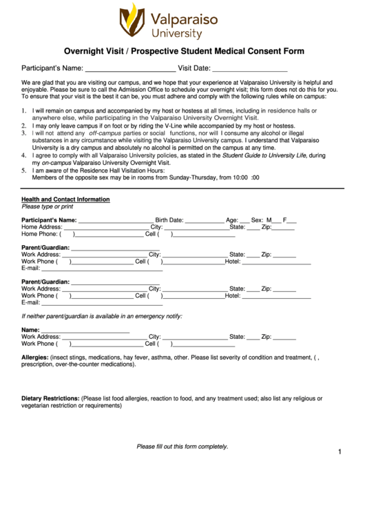 Overnight Visit / Prospective Student Medical Consent Form Printable pdf