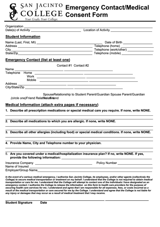 Fillable Emergency Contact/medical Consent Form Printable pdf
