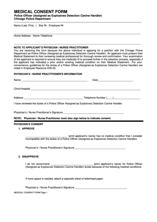 Medical Consent Form - Chicago Police Department Printable pdf