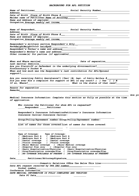 Fillable Background Information For Apl Petition Form Printable pdf