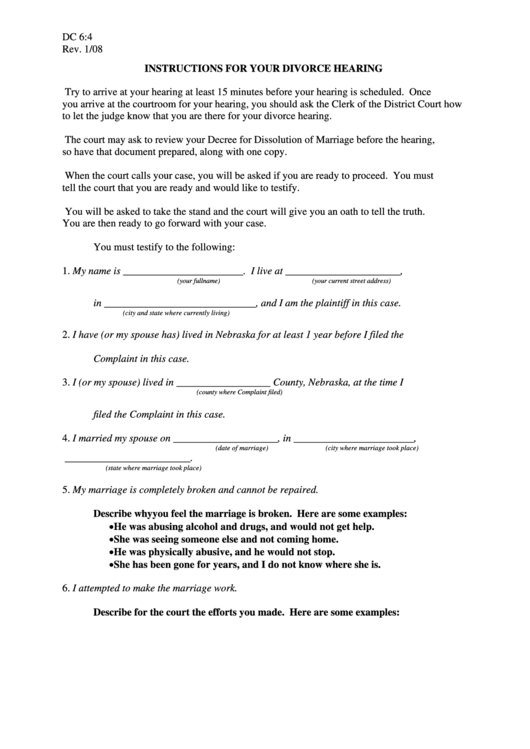 Fillable Divorce Hearing Form Printable pdf