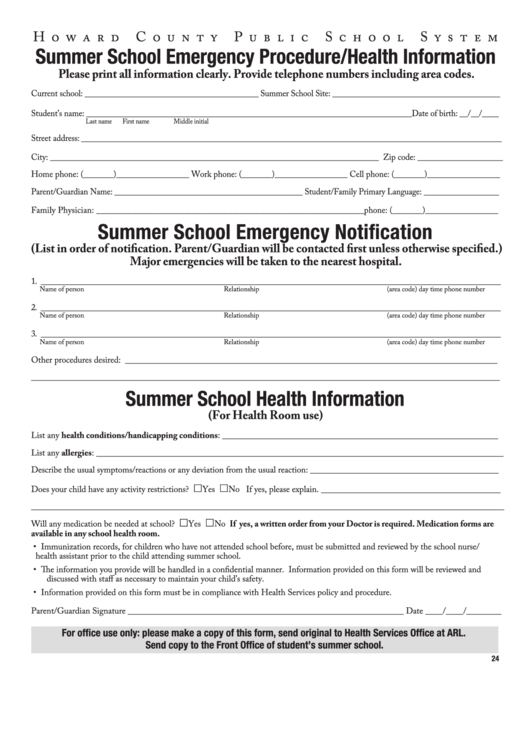 Summer School Emergency Procedre/health Information Form - Howard County Public School System Printable pdf
