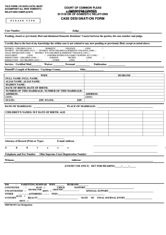 Fillable Dr0706138 Case Designation Form - Court Of Common Pleas Cuyahoga County Printable pdf