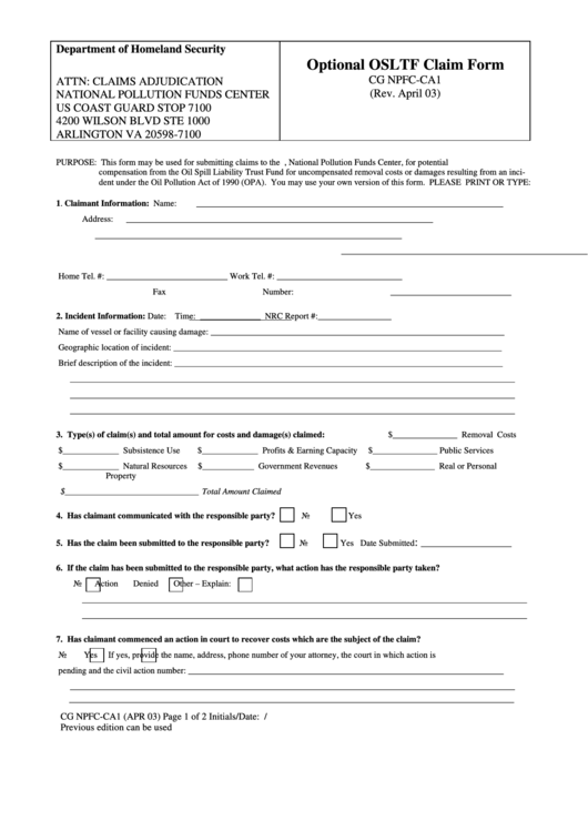 Fillable Form Cg Npfc-Ca1 - Optional Osltf Claim Form - Department Of Homeland Security Printable pdf