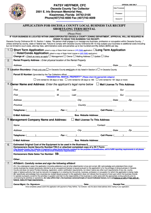 Fillable Application For Osceola County Local Business Tax Receipt - Short/long Term Rental Form Printable pdf