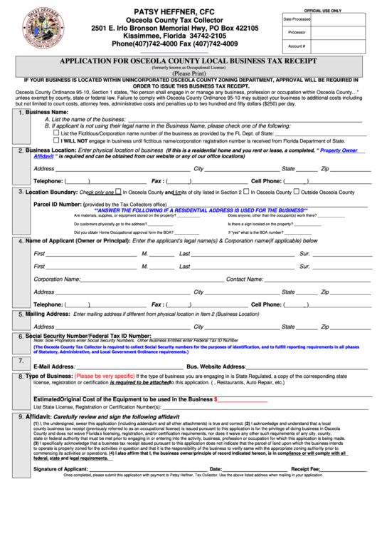 Fillable Application For Osceola County Local Business Tax Receipt Form Printable pdf