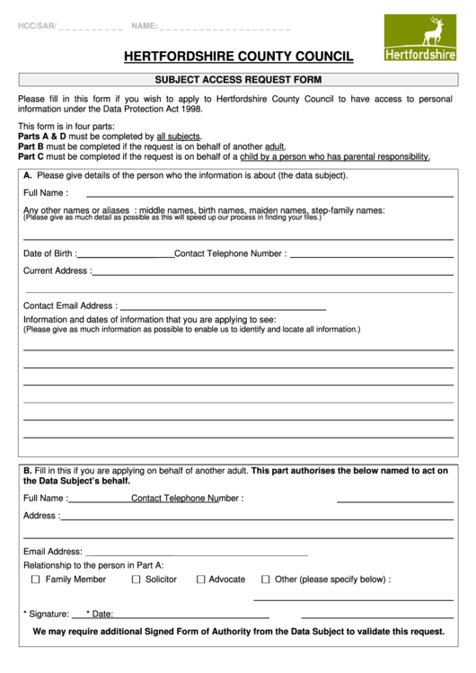 Subject Access Request Form - Hertfordshire County Council Printable pdf