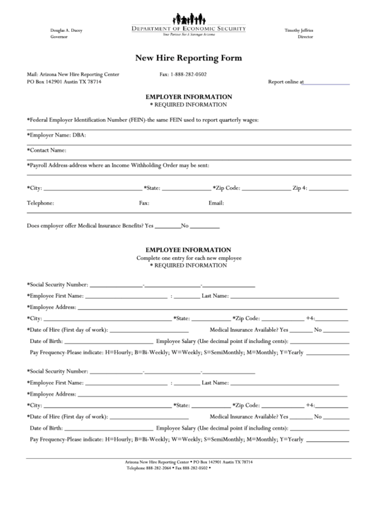 New Hire Reporting Form - Department Of Economic Security, Arizona Printable pdf