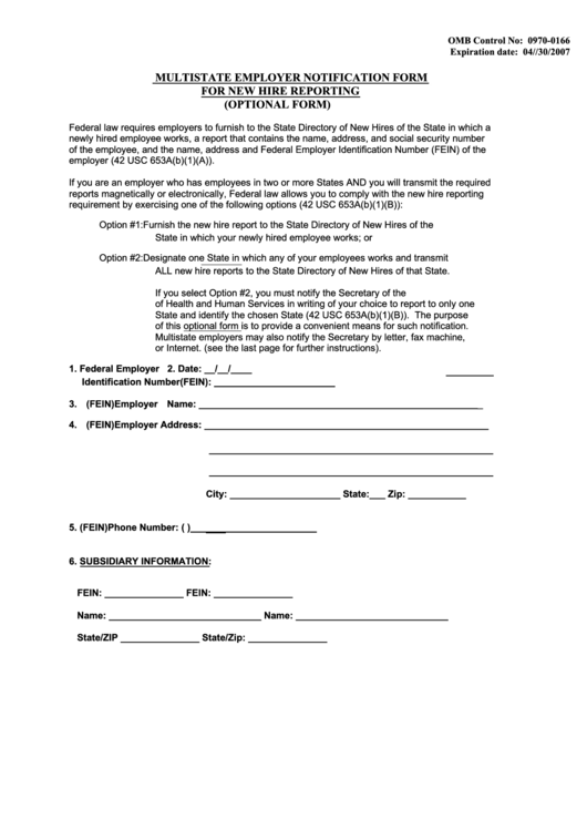 Multi-State Employer Notification Form For New Hire Reporting - Department Of Health And Human Services Printable pdf