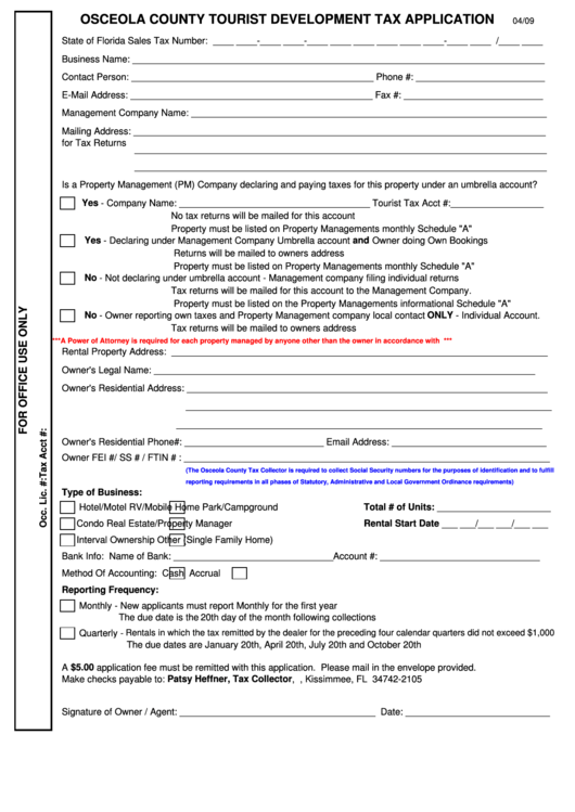 Fillable Osceola County Tourist Development Tax Application Form Printable pdf