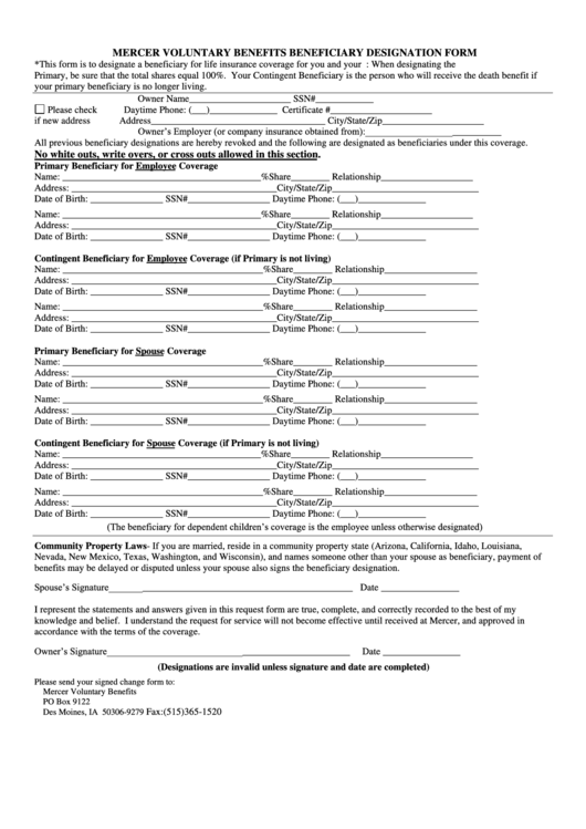 Mercer Voluntary Benefits Beneficiary Designation Form Printable pdf