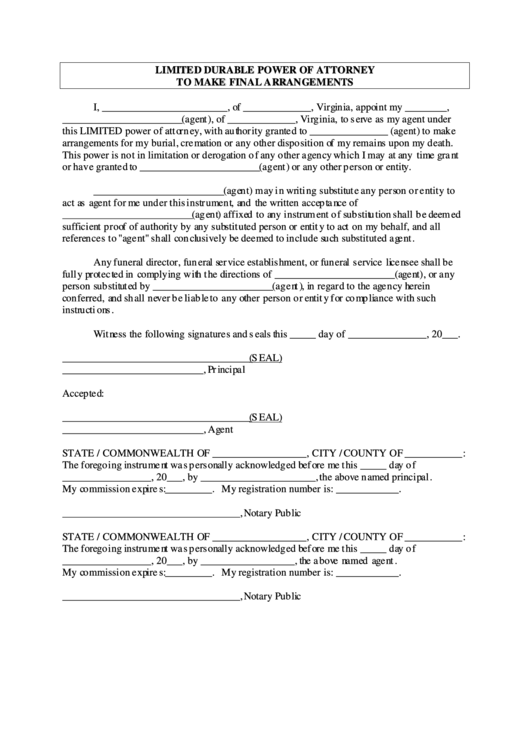 Limited Durable Power Of Attorney To Make Final Arrangements Form Printable pdf