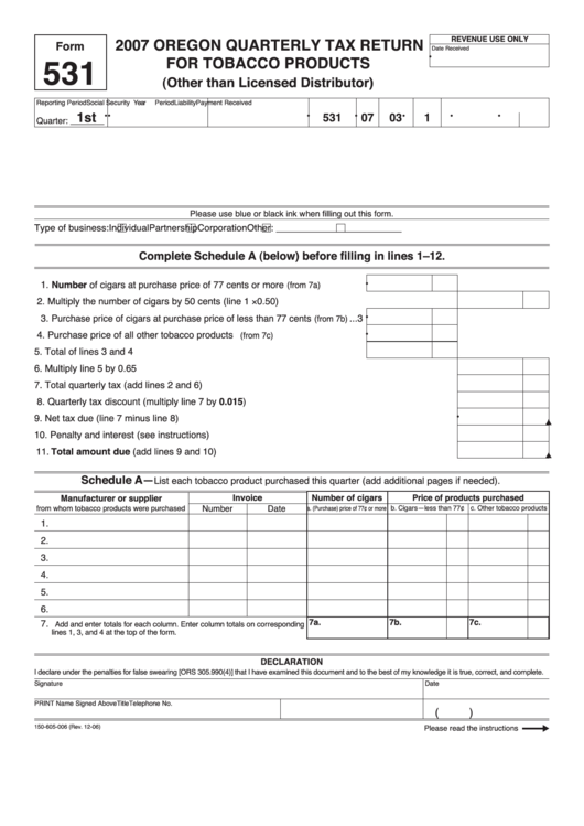 Fillable Form 531 - Oregon Quarterly Tax Return For Tobacco Products - 2007 Printable pdf