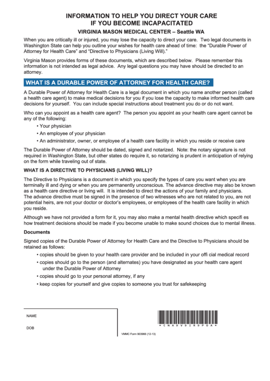 Durable Power Of Attorney For Health Care Form Printable pdf