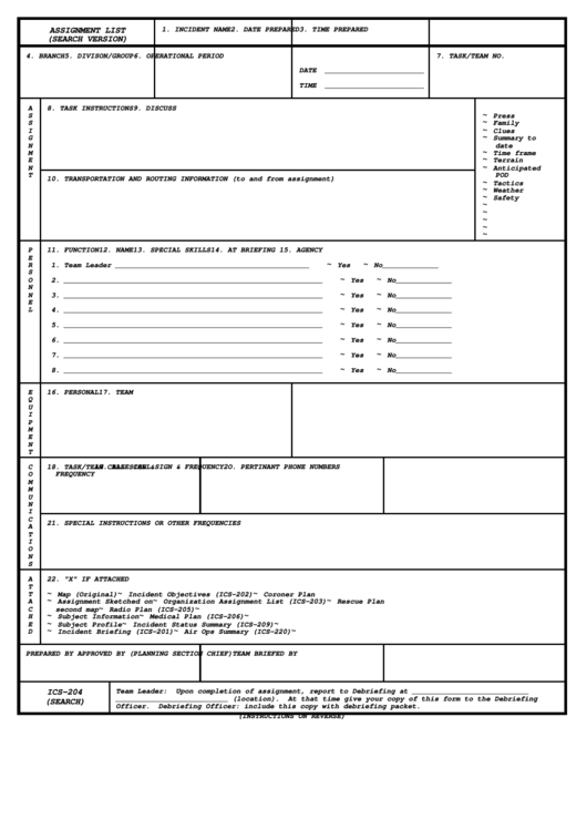 Form Ics 204 - Assignment List (Search Version) Printable pdf