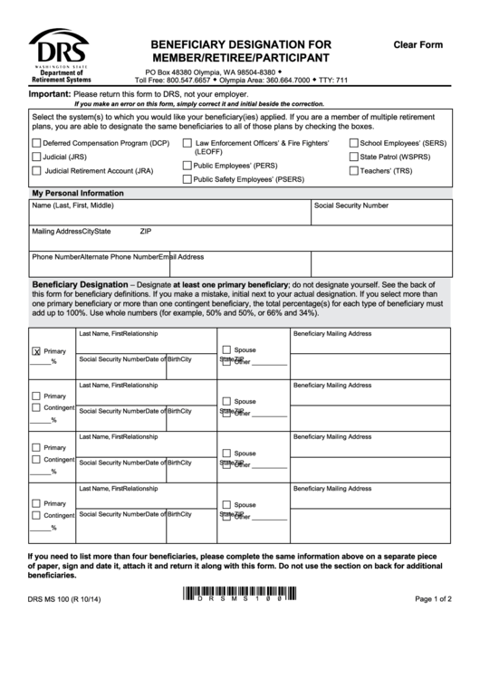 Fillable Form Drs Ms 100 - Beneficiary Designation For Member/retiree/participant Form - Department Of Retirement Systems Printable pdf