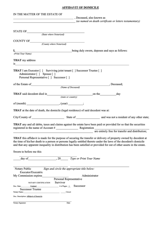 Affidavit Of Domicile Form Printable pdf
