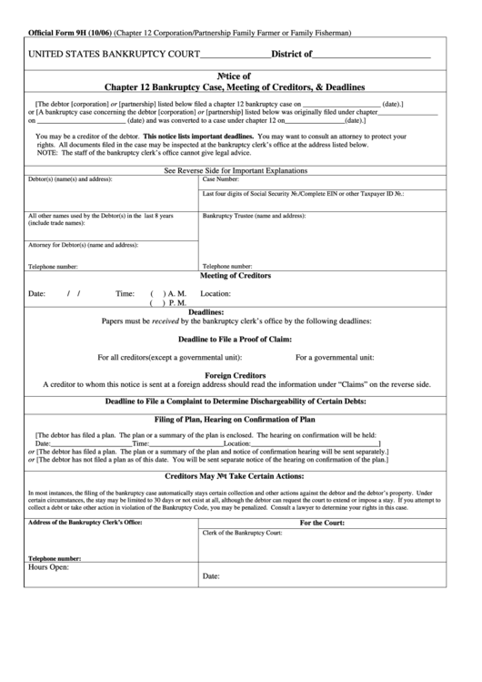Official Form 9h - Notice Of Chapter 12 Bankruptcy Case, Meeting Of Creditors, & Deadlines 2006 Printable pdf
