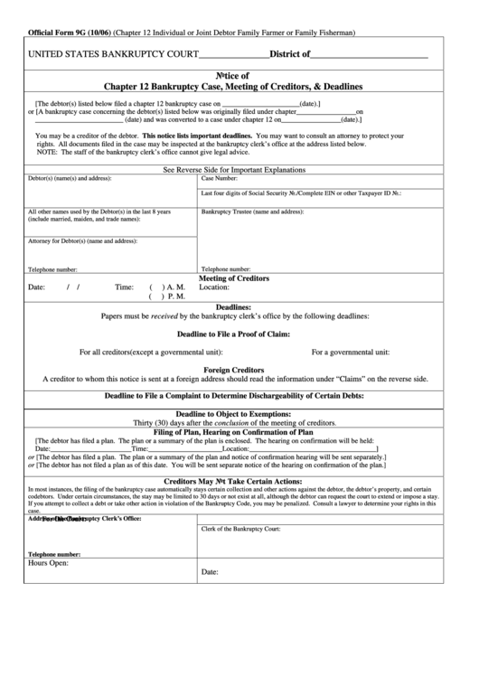 Official Form 9g - Notice Of Chapter 12 Bankruptcy Case, Meeting Of Creditors, & Deadlines 2006 Printable pdf