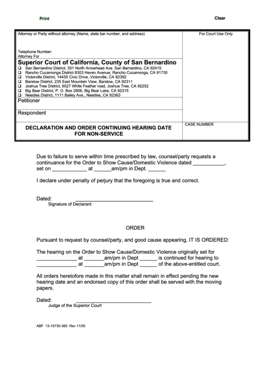 Fillable Declaration And Order Continuing Hearing Date For Non Service Form - Superior Court Of California Printable pdf