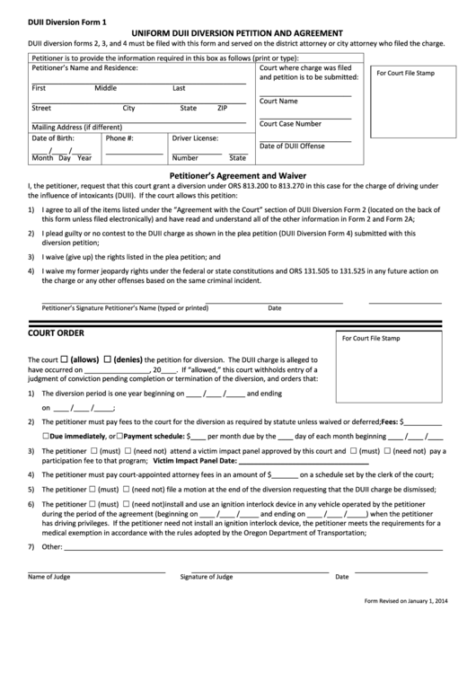 Fillable Duii Diversion Form 1 - Uniform Duii Diversion Petition And Agreement Printable pdf
