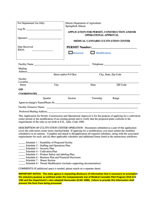 Application For Permit, Construction And/or Operational Approval Form Medical Cannabis Cultivation Center Printable pdf