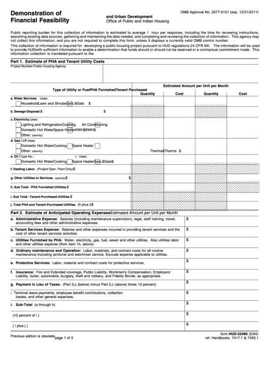 Fillable Form Hud-52485 - Demonstration Of Financial Feasibility Printable pdf