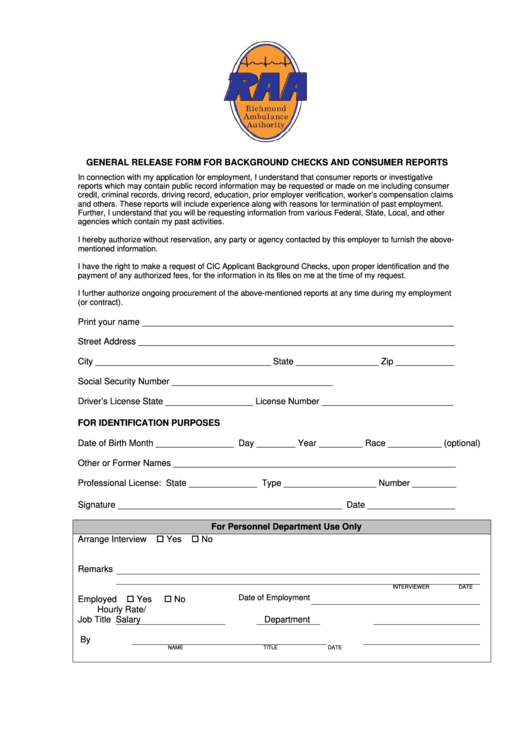 General Release Form For Background Checks And Consumer Reports Printable pdf