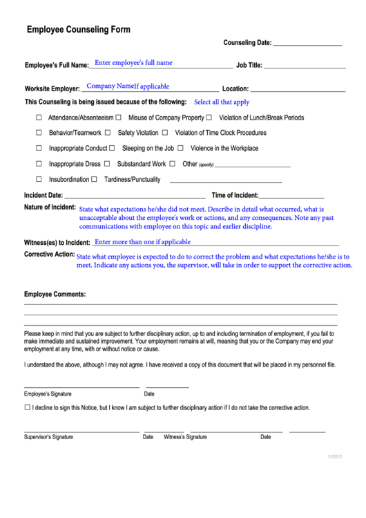 Employee Counseling Form Printable pdf