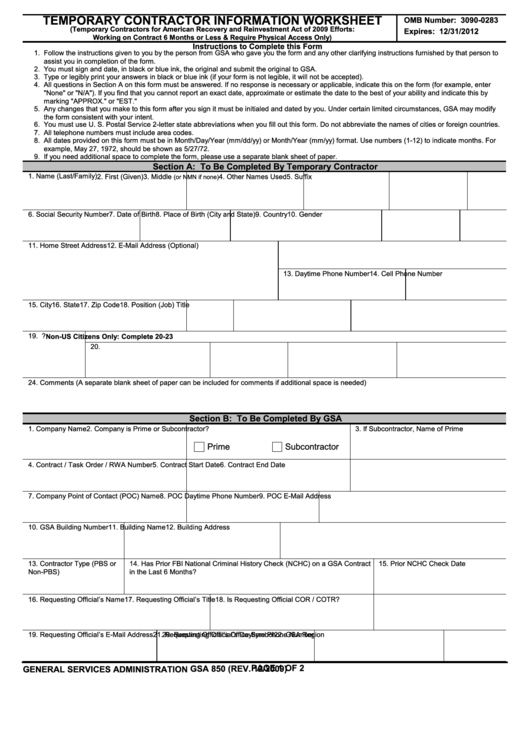 Fillable Form Gsa 850 - Temporary Contractor Information Worksheet - 2012 Printable pdf