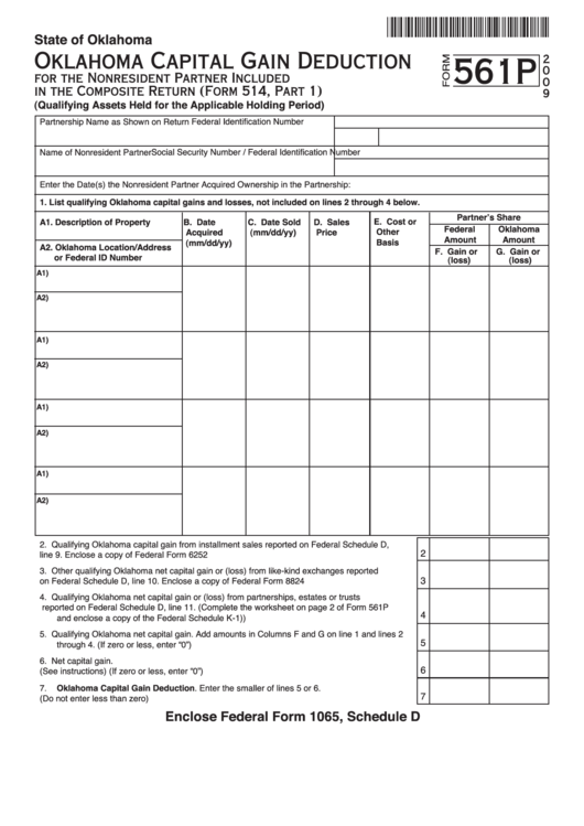 Fillable Form 561p - Oklahoma Capital Gain Deduction For The Nonresident Partner Included In The Composite Return - 2009 Printable pdf