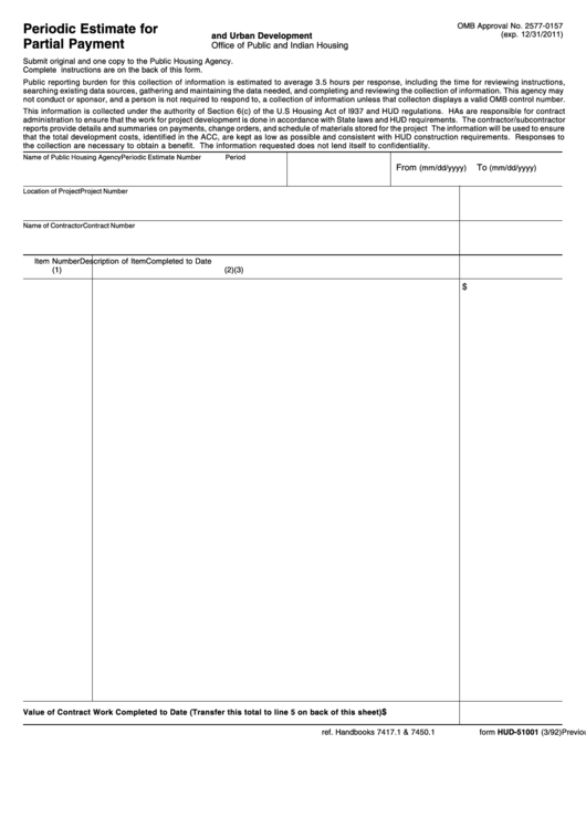 Fillable Form Hud-51001 - Periodic Estimate For Partial Payment Printable pdf
