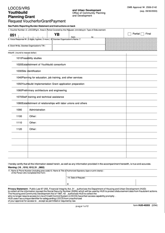 Fillable Form Hud-40203 - Youthbuild Planning Grant Request Voucher For Grant Payment Printable pdf
