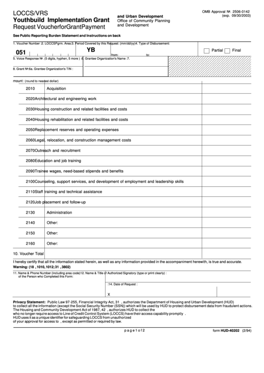 Fillable Form Hud-40202 - Youthbuild Implementation Grant Request Voucher For Grant Payment Printable pdf