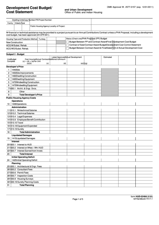 Fillable Form Hud-52484 - Development Cost Budget/cost Statement Printable pdf