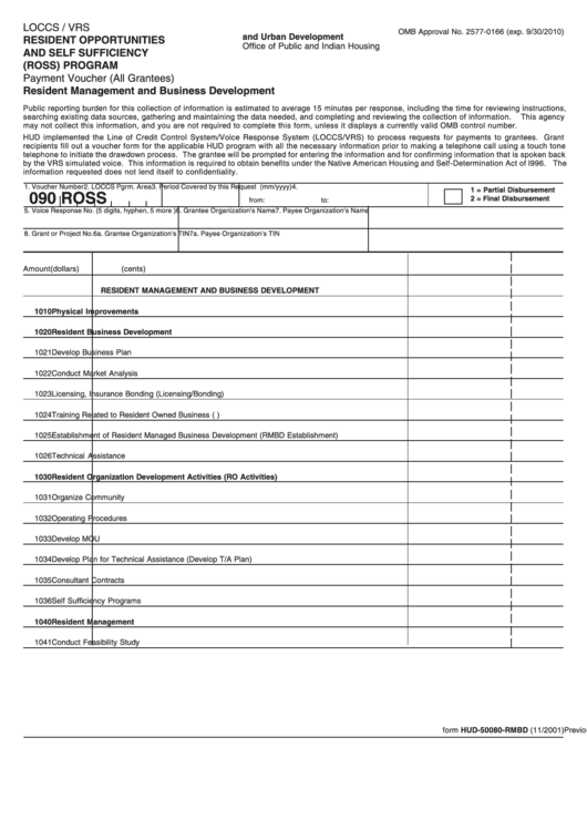 Fillable Form Hud-50080-Rmbd - Resident Opportunities And Self Sufficiency (Ross) Program Printable pdf