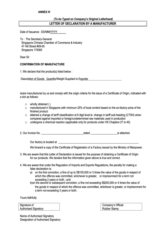 Annex Iv - Letter Of Declaration By A Manufacturer Form Printable pdf