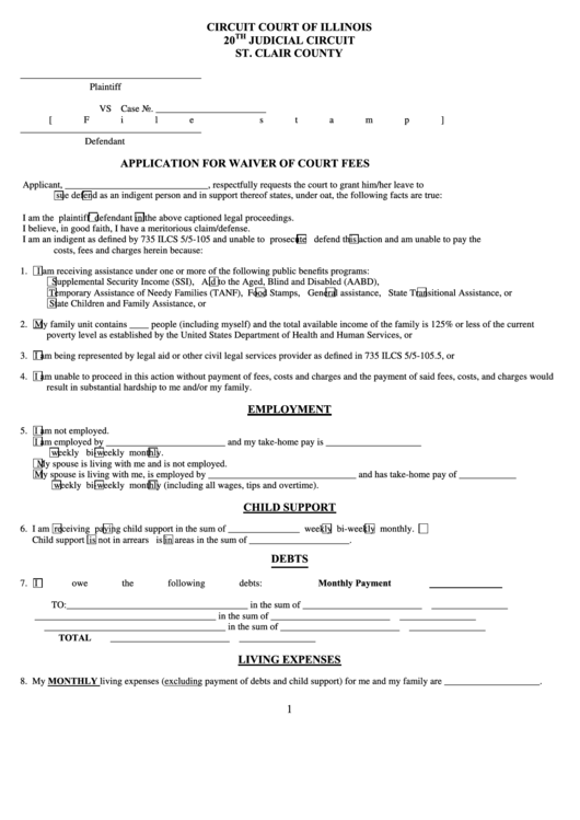 Fillable Application For Waiver Of Court Fees Template - Circuit Court Of Illinois Printable pdf