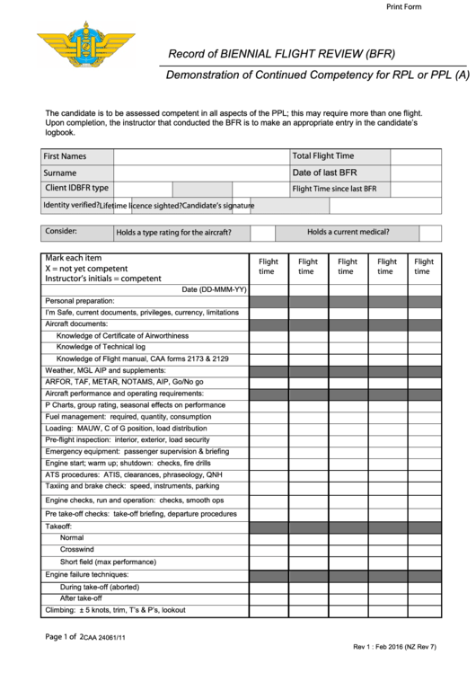 Fillable Caa 24061/11 Form - Demonstration Of Continued Competency For Rpl Or Ppl (A) Form Printable pdf