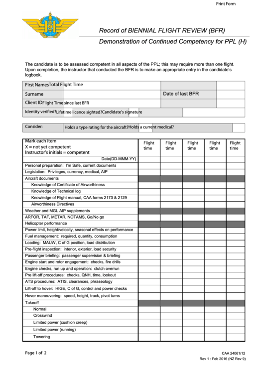 Fillable Caa 24061/12 Form - Demonstration Of Continued Competency For Ppl (H) Printable pdf