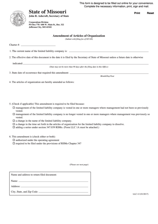 Fillable Form Llc-12 - Amendment Of Articles Of Organization - 2017 Printable pdf