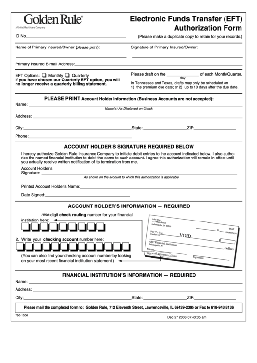 Fillable Electronic Funds Transfer (Eft) Authorization Form Printable pdf