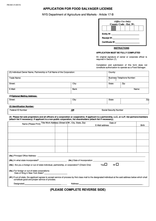 Fsi-463-15 - Application For Food Salvager License - Nys Department Of Agriculture And Markets Printable pdf