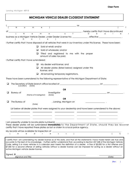 Fillable Michigan Vehicle Dealer Closeout Statement Form Printable pdf