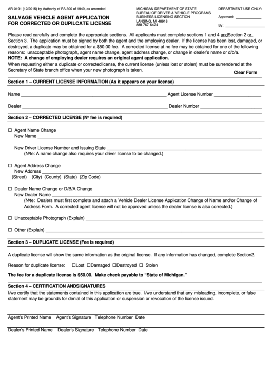 Fillable Form Ar-0191 - Salvage Vehicle Agent Application For Corrected Or Duplicate License Printable pdf
