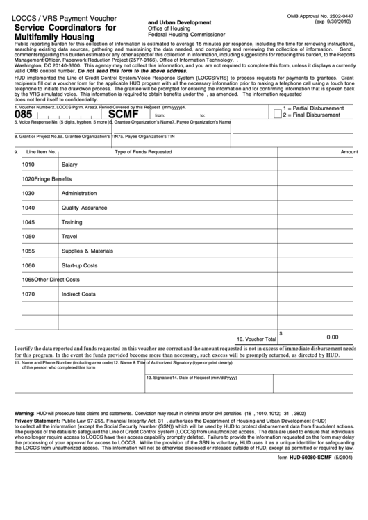 Fillable Form Hud-50080-Scmf - Loccs / Vrs Payment Voucher Service Coordinators For Multifamily Housing Printable pdf