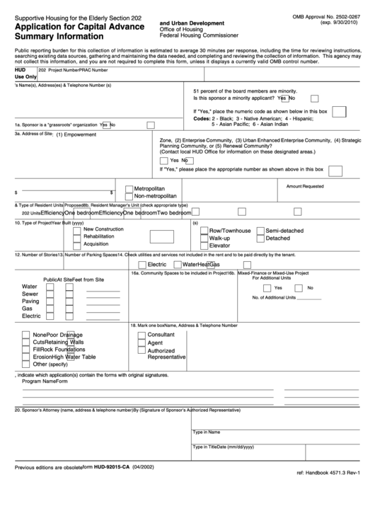 Fillable Form Hud-92015ca - Application For Capital Advance Summary Information Printable pdf